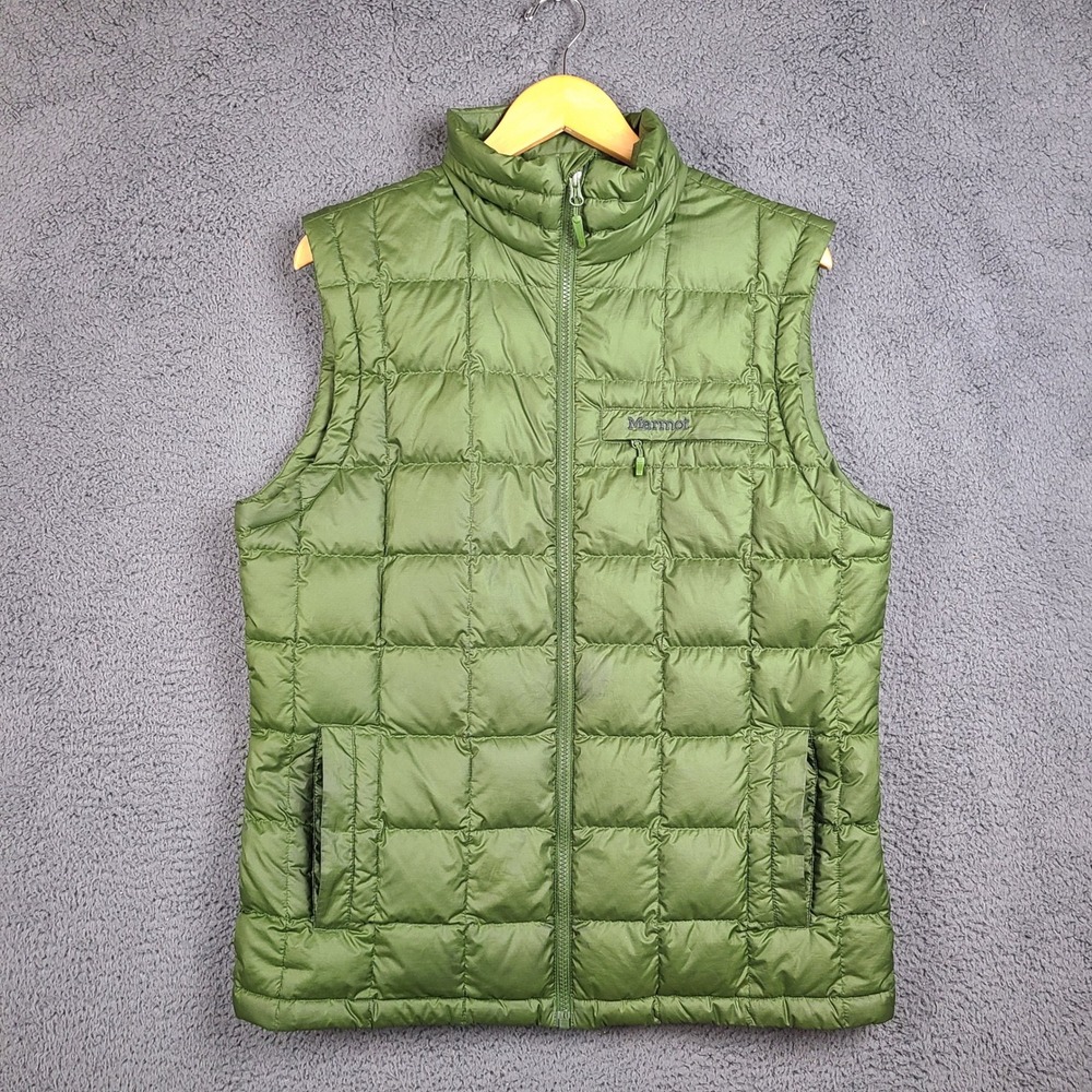 Marmot Mens 600 Fill Down Vest Olive Green Puffer Quilted Full Zip Medium
